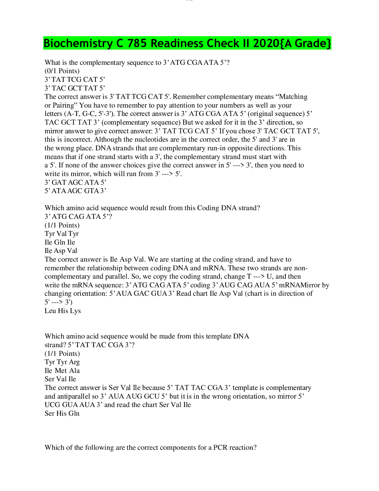 Biochemistry C 785 Readiness Check II 2020 Western Governors